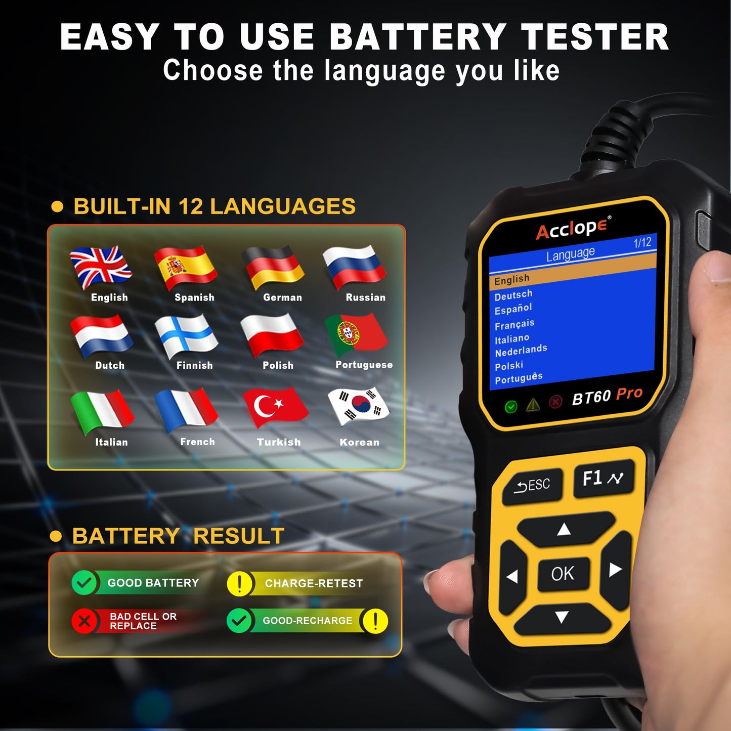 Acclope BT60 PRO Car Battery Tester 6V/12V/24V, 2–120Ah, 100–3000 CCA, AGM/Gel/Lithium, Alternator & Starter/Charging System Analyzer, QR Cloud Report (No App), Digital Analyzer