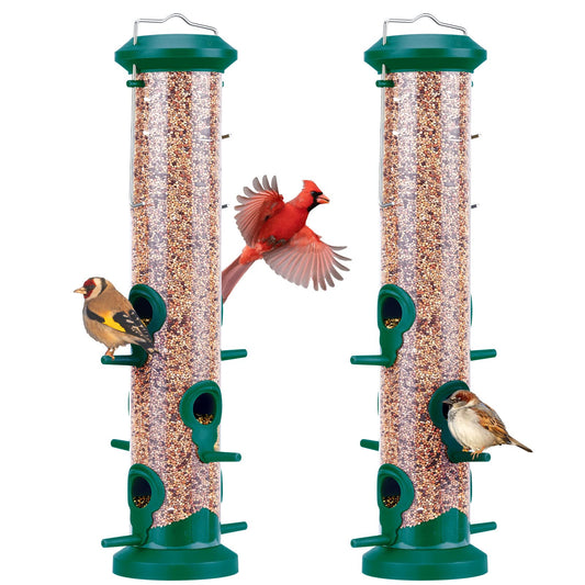 Kingsyard 2 Pack Tube Bird Feeders for Outdoors Hanging, Premium Hard Plastic Bird Feeder with 6 Feeding Ports, Weatherproof & Steel Hanger, Attracting for Wild Birds (Green)