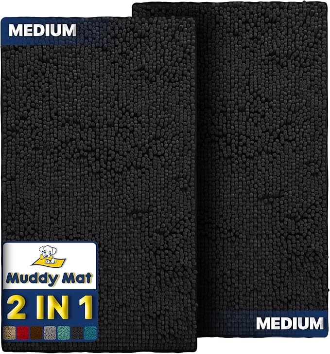 Muddy Mat® 2-Piece Black Medium 30"X19" AS-SEEN-ON-TV Highly Absorbent Microfiber Door Mat, Bath Mat and Pet Rug, Non Slip Thick Washable, Soft Chenille for Kitchen Bathroom Bedroom Indoor and Outdoor