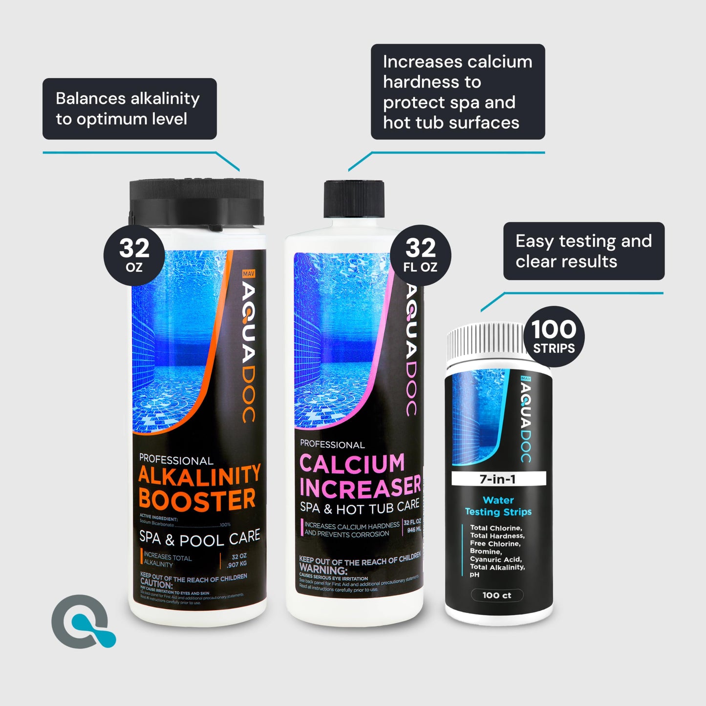 AquaDoc Hot Tub Water Balance Kit with pH Increaser, pH Decreaser, Alkalinity & Calcium Increaser, 100 Test Strips - Hot Tub Chemicals Starter Kit Compatible with Chlorine & Bromine - Made in USA