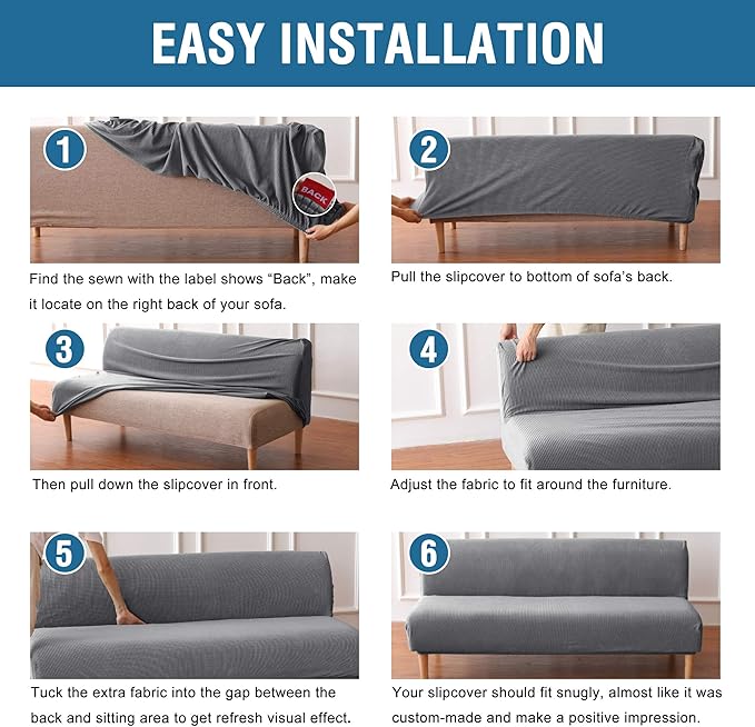 H.VERSAILTEX Armless Futon Cover Stretch Sofa Bed Slipcover Protector Elastic Feature Rich Textured High Spandex Small Checks Jacquard Fabric Futon Cover, Machine Washable, Gray
