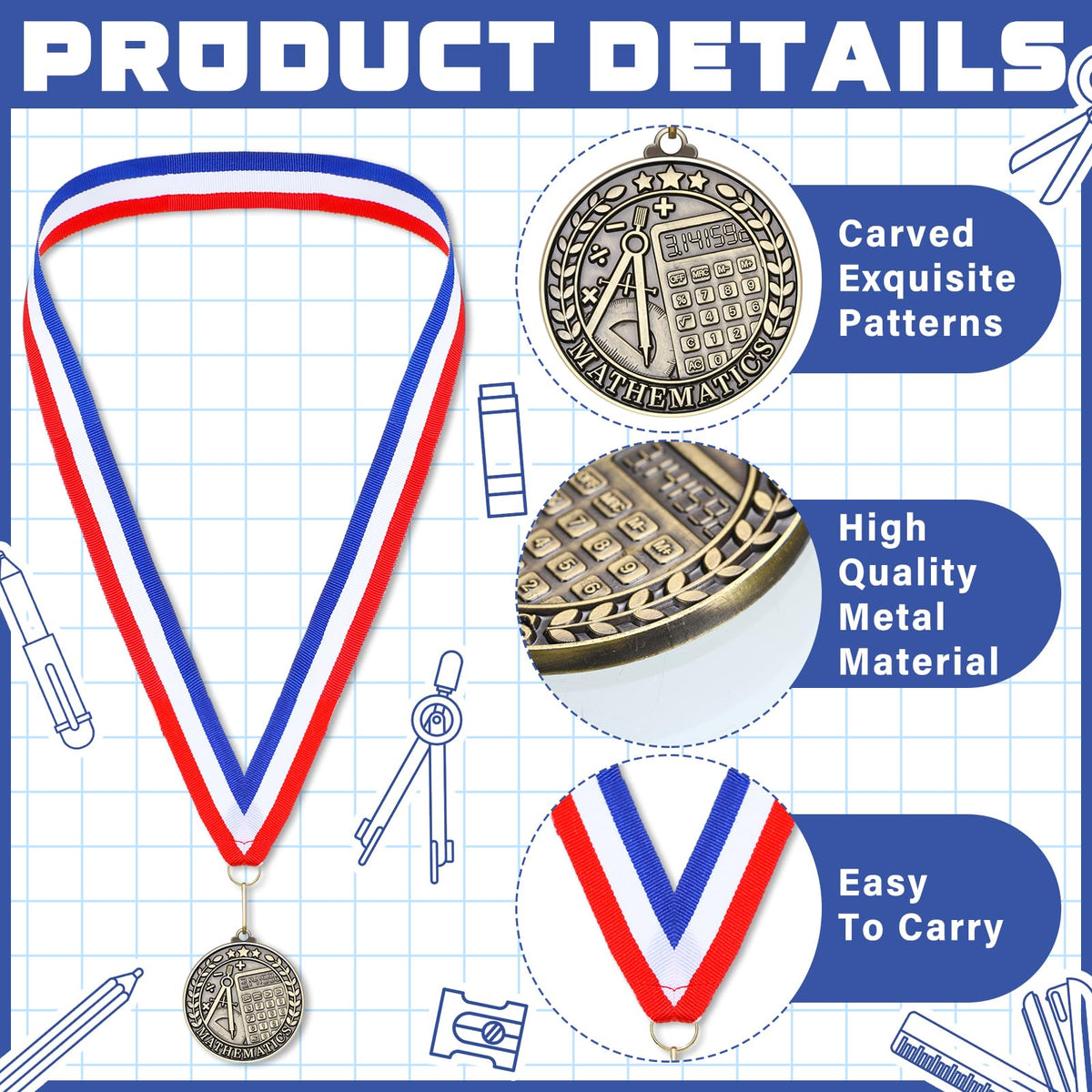 Quelay 30 Pcs 2'' Award Medals Bulk Gold Winner Medals with Neck Ribbons Metal Trophy Award Prize Gift for Tournaments, Competitions, Party, Kids and Adults(30 Pcs, Math)