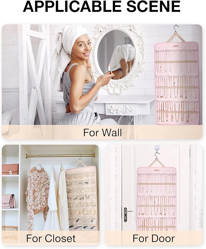 BAGSMART Hanging Jewelry Organizer Storage Roll with Hanger Metal Hooks Double-Sided Jewelry Holder for Earrings, Necklaces, Rings on Closet, Wall, Door, 1 piece, Extra Large, Pink