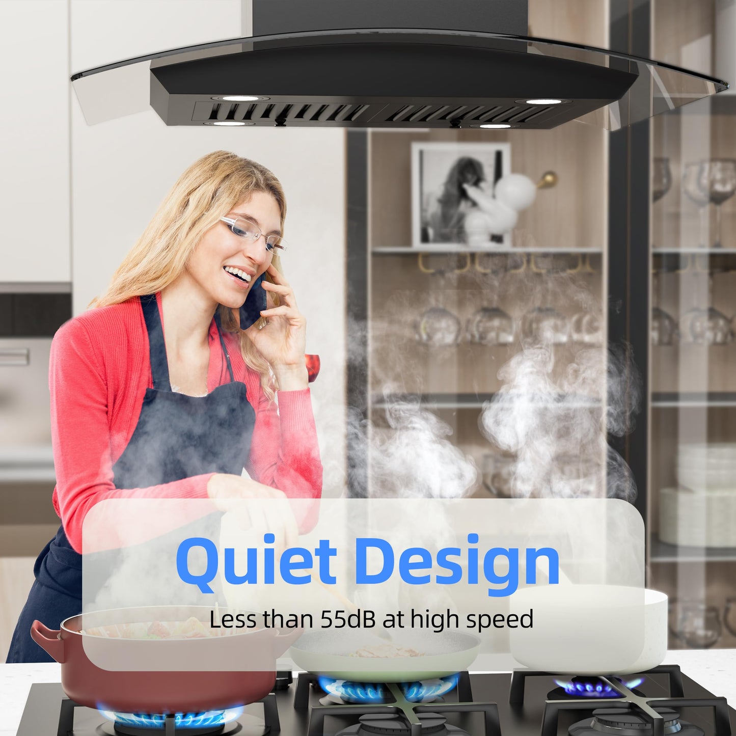 FIREGAS Black Island Mount Range Hood 30 inch with 700 CFM, Ceiling Mount Kitchen Vent Hood Ducted/Ductless Convertible, 4 LED Lights, 3 Speed Exhaust Fan, 2 charcoal fiters, Black