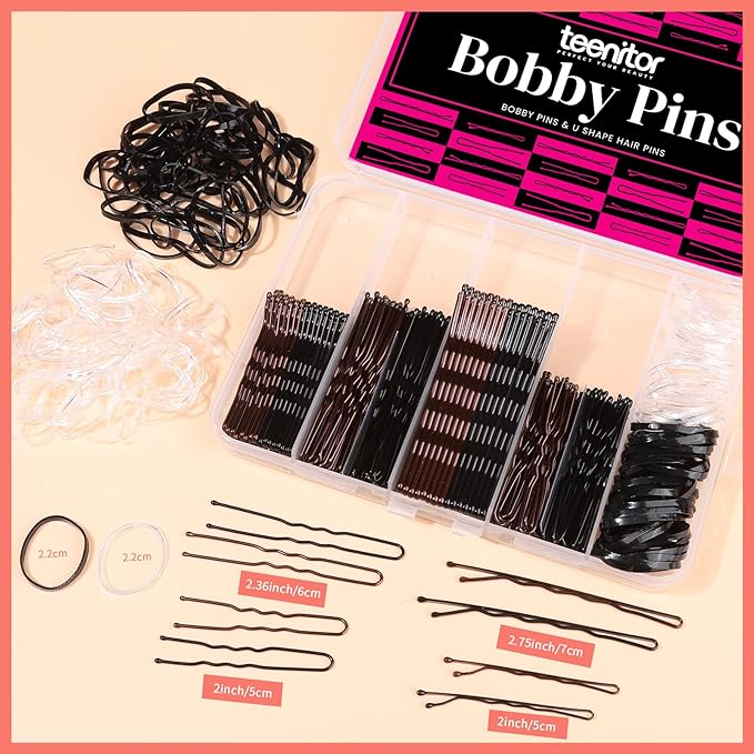 Teenitor 300pcs Bobby Pins Hair Pins, 100 Hair Pins 100 Bobby Pins Brown Hair Black for Women 100 Hair Bands 2inch 2.36inch 2.75inch Brown Black