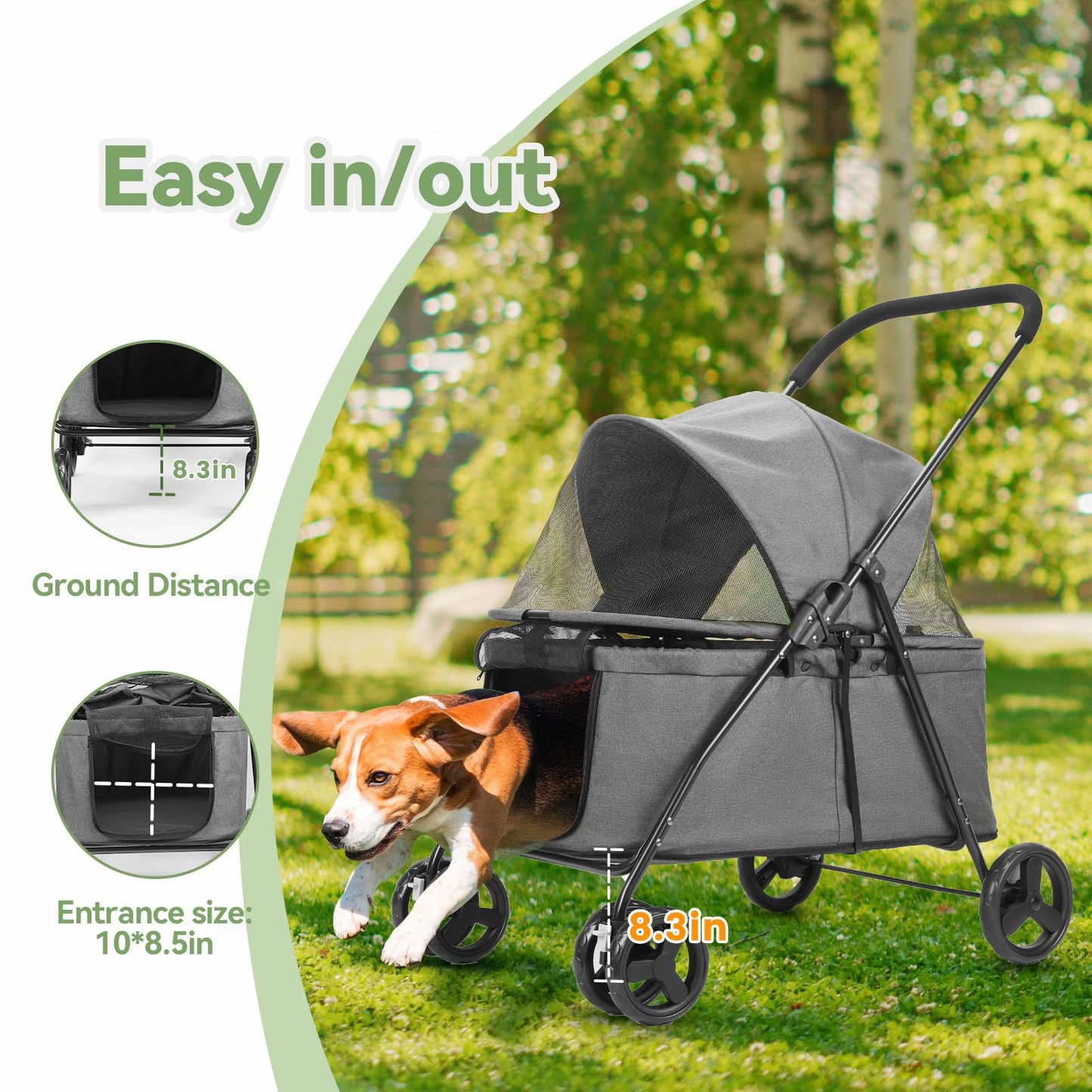 20% Larger Capacity, Wedyvko Dog Stroller for Medium/Small Pets w/Dog Poop Bags & Dispenser, Storage Pouch, Zipperless, Entry in/Out Easy (Grey)
