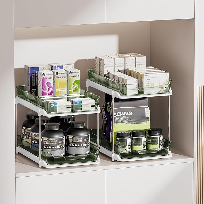 Delamu 2-Tier Multi-Purpose Bathroom Under Sink Organizers and Storage, Stackable Kitchen Pantry Organization, Pull Out Medicine Cabinet Organizer with Movable Dividers, Light Green, 2 Pack