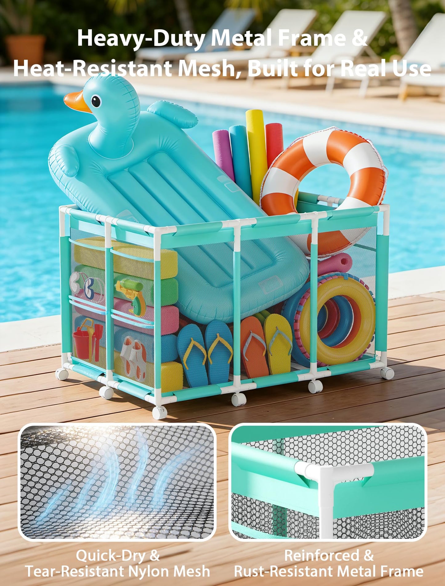 Kompoll Pool Storage Bin, XXL Large Rolling Mesh Pool Float Storage with 10 Upgraded Wheels, Outdoor Pool Toy Organizer Basket for Noodles, Floats, Goggles & Swimming Accessories, Cyan