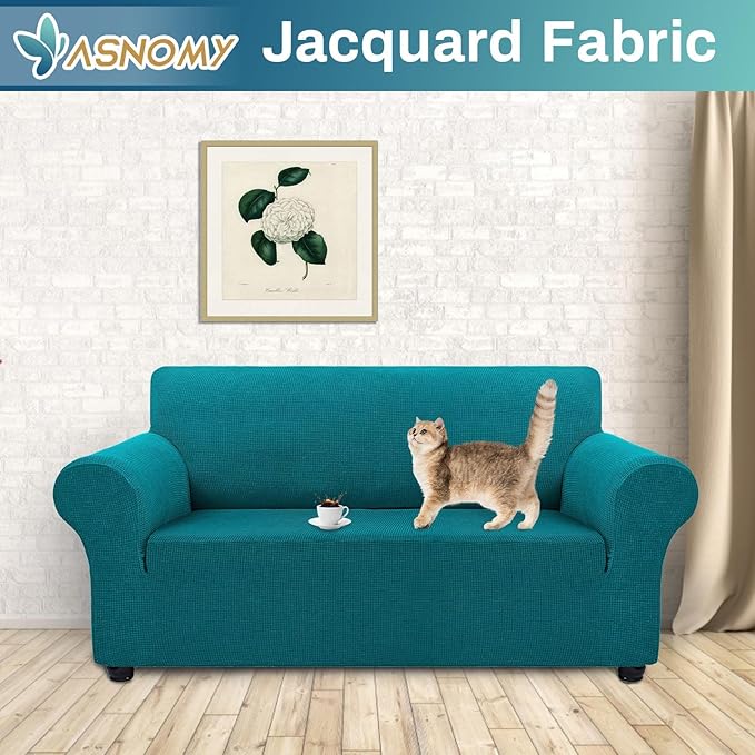 Asnomy Sofa Covers for 2 Cushion Couch Stretch loveseat Covers Slipcovers, Pet Protector Furniture Covers for Dogs Cats Spandex Jacquard Fabric Small Checks （Medium，Peacock Blue）