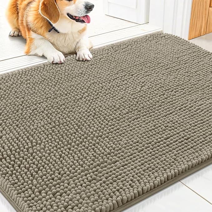 Smiry Dog Door Mat for Muddy Paws 30x20, Absorbs Moisture and Dirt Doormat, Non-Slip Washable Quick Dry Chenille Front Door Mat Indoor Entrance, Entryway Carpet for Inside Floor, Warm Taupe