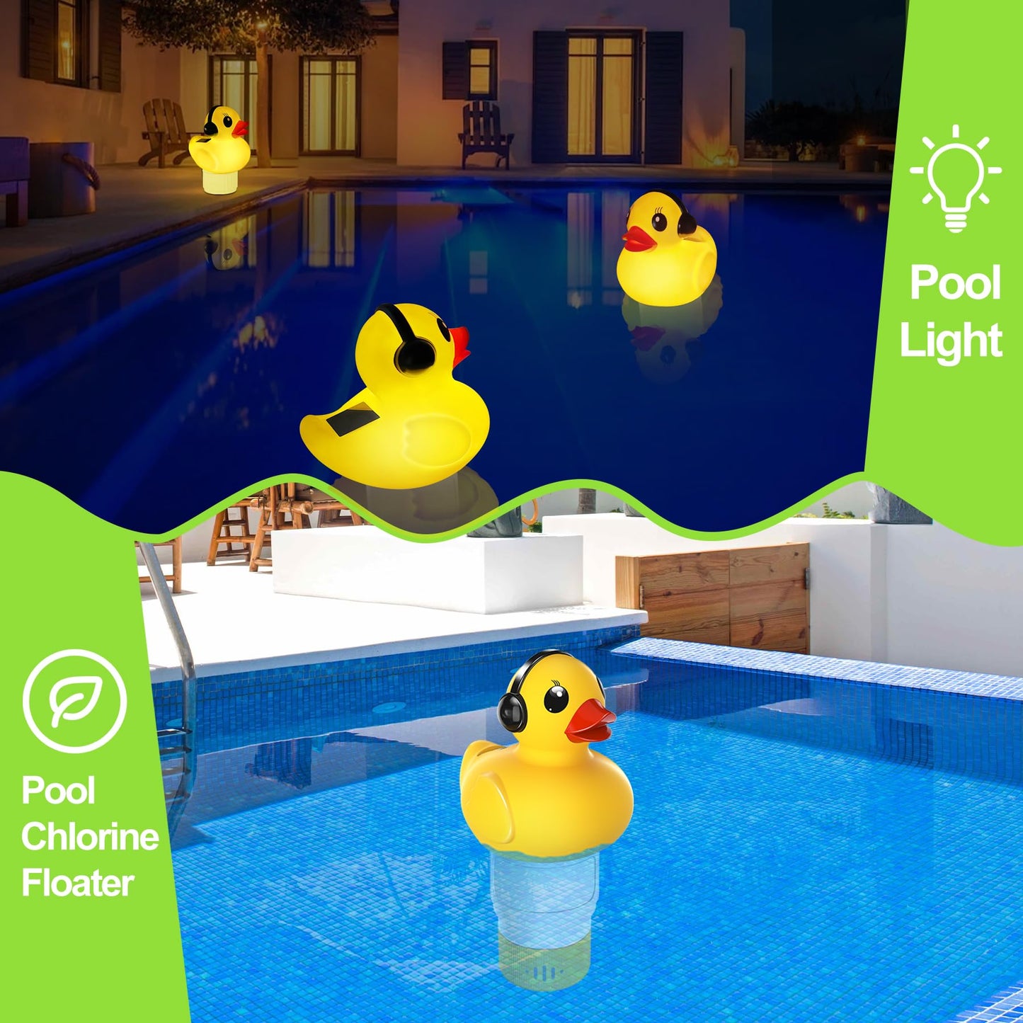 Pool Chlorine Floater with Light,Duck Chlorines Floaters with Adjustable Flow,Solar Chlorine Floater,Floating chlorines Dispenser for Pool,Hot Tub chlorines Floaters, Yellow