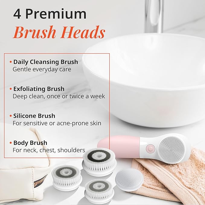 Vanity Planet Raedia Facial Cleansing Brush - Electric Facial Cleansing Brush with 4 Exfoliating Brush Heads - Waterproof, Handheld, Lightweight for Face Scrubber and Exfoliating Face - Dusty Pink