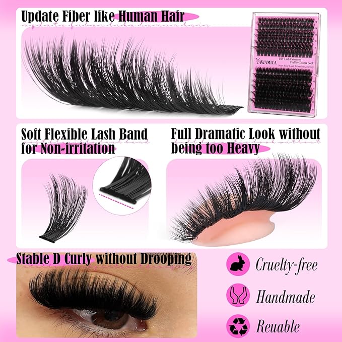 Yawamica Volume Lash Clusters Fluffy Wispy Eyelash Clusters 160D+300D Full Dramatic Cluster Eyelash Extensions 12-24mm Long Thick Individual Lashes DIY Salon Extensions by Self