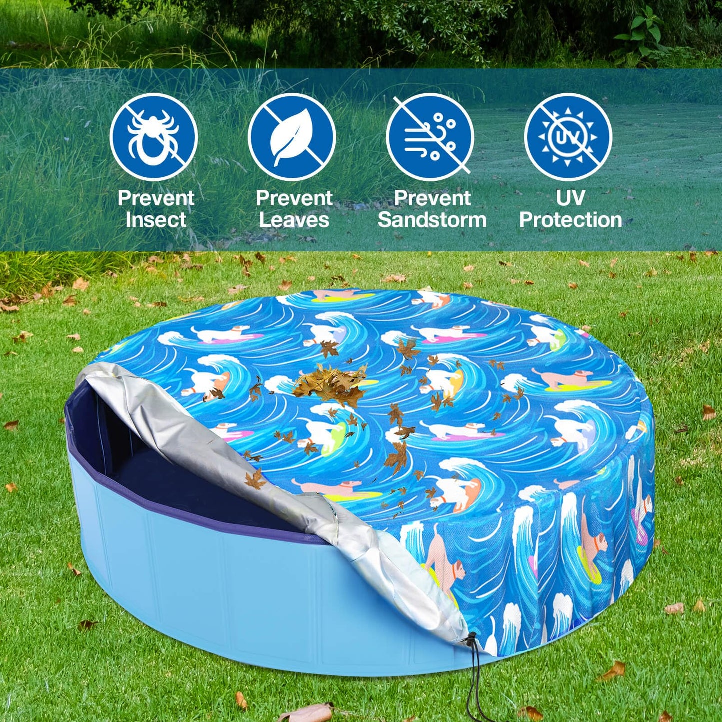 Ladadee Foldable Round Dog Swimming Pool Cover, for 32 "/63“/48” Collapsible Outdoor Tub, PVC Coating Waterproof and UV Protection, Leakproof Washable Kiddie Pet Small Paddling Bath Accessories