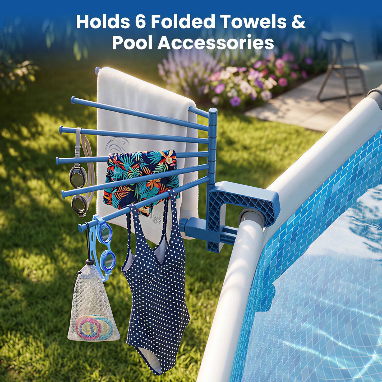 Aquajoyer Poolside Pool Towel Rack Outdoor for Above Ground Round Pools, Stainless Steel Swivel Pool Towel Holder 6 Bars Towel Dying Rack Towel Stand for Above Ground Pool Accessories [Patent Pending]