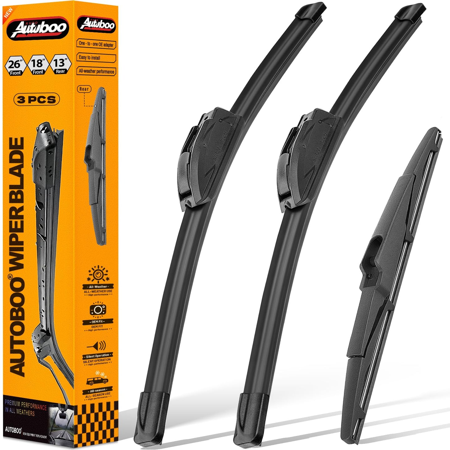 AUTOBOO 3-Pack Windshield Wiper Blades for Kia Telluride 2020-2025 Kia Sedona 2015-2021, Original Equipment Replacement 26"+18" Front and 13" Rear, All-Weather Performance, Easy One-Click Install
