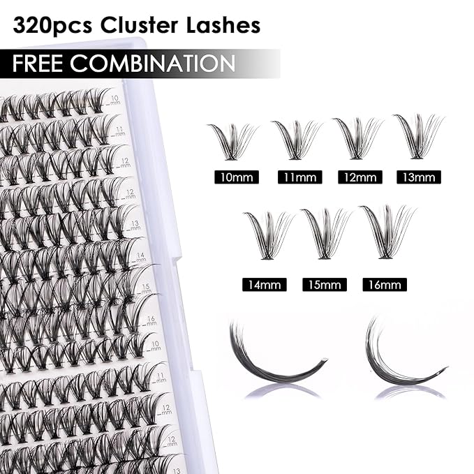 Lash Clusters DIY Lash Extensions Kit 320pcs Individual Lashes Clusters 30D 40D Eyelash Extension Kit with Applicator and Lash Bond&Seal,Clusters Lash Glue Remover Mix 10-16mm (30D+40D-320 KIT)