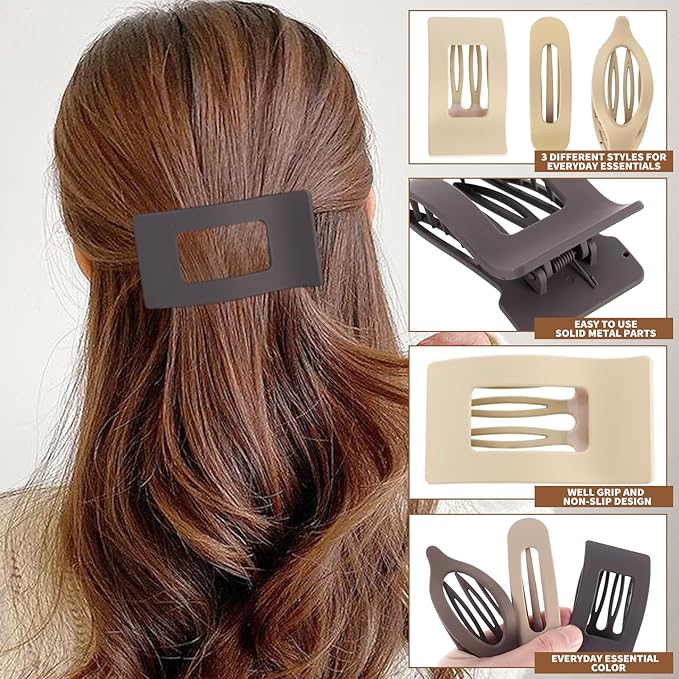 12 Pack Flat Hair Clips for Women-3 Styles Matte Neutral Flat Claw Clips, Black, Blonde,Light Brown & Dark Brown, Thick & Thin Hair Styling Accessories