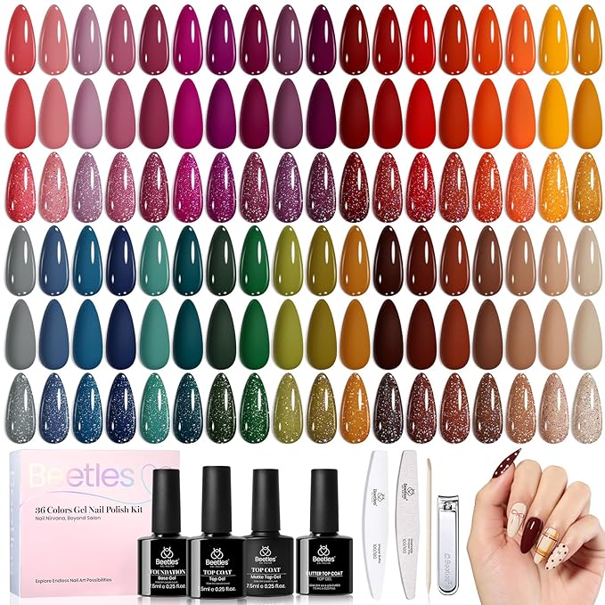 beetles Gel Polish Set - Waltz of Leaves Collection, 36 Trendy Colors Spring & Purple Green Colors Gel Polish Set With Base and Glossy Matte Glitter Top Coat Soak Off UV Led Holiday Nails
