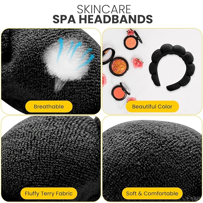 Spa Headbands for Washing Face, Makeup and Skincare. 4 Pc Set of Skin Care Head band with Wristbands. Puffy Terry Cloth, Non Slip Get Ready Hairband for Women, Teens, Girls. Cute Hair Accessories.