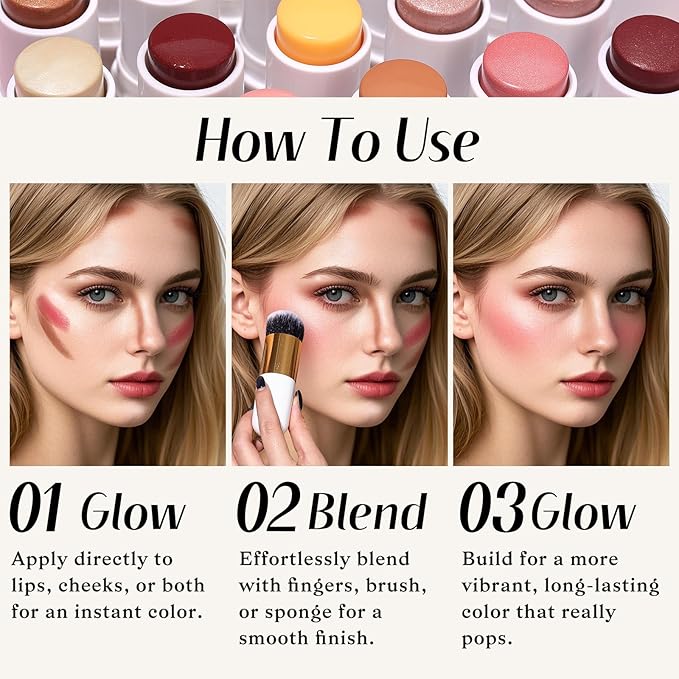 KIMUSE Face Sticks Trio, Cream Blush Stick & Highlighter Stick & Contour Stick for Sculpt the Cheeks, Long Lasting Cream Contour Stick Trio for Face Makeup, with Brush