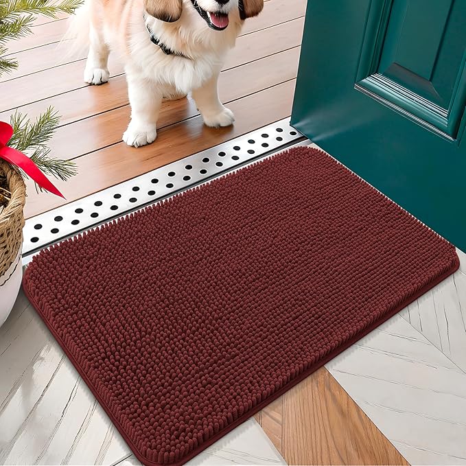 OLANLY Dog Door Mat for Muddy Paws 30x17, Absorbs Moisture and Dirt, Absorbent Non-Slip Washable Doormat, Quick Dry Chenille Mud Mat, Entry Indoor Entryway Carpet for Inside Floor, Caramel Russet