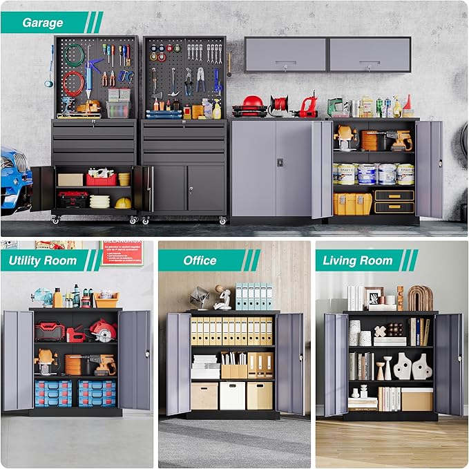 SISESOL Small Metal Cabinet with Shelves,36 inch Garage Storage Cabinet with Lock,Gray Metal Storage Cabinets with Locking Doors,Small Steel Lockable Cabinets for Home,Office,Shop,Garage