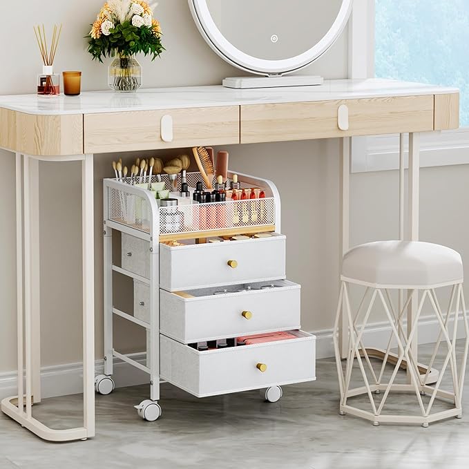 SWTYMIKI Rolling Makeup Organizer Cart - 14.96Ã¢ÂÂ³*11.81Ã¢ÂÂ³*23.03Ã¢ÂÂ³ Widened Under Desk Vanity Storage with 3 Non-woven Drawers, Cosmetic Display Cases for Skin Care Perfume Nail Polish Brush Hair Tool White