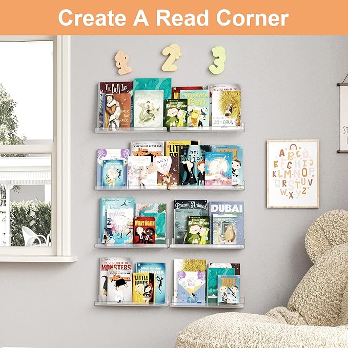 upsimples 12 Pack Acrylic Shelves Wall Organizer and Storage, 15" Display Shelf for Figure, Toy Cars, Perfume, Kids Bookshelf for Bedroom, Nursery, Craft Room, Clear
