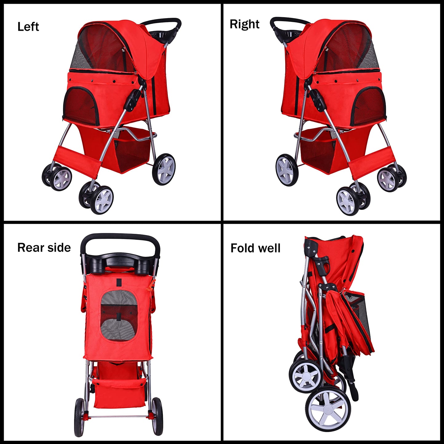 Elevon Pet Stroller, 4 Wheels Multifunction Dog Cat Stroller, Folding Portable Travel Stroller with Detachable Carrier, Suitable for Medium Small Dogs Cats, Red