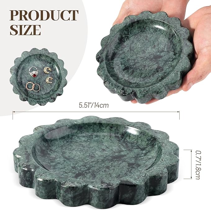 Koville 5.51" Scalloped Marble Tray, Round Stone Jewelry Trinket Dish for Ring, Natural Small Marble Tray for Bathroom Kitchen Dresser Countertop, Decorative Candle Tray(Green)