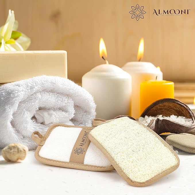 Almooni Premium Egyptian Exfoliating Loofah Pad Body Scrubber - Rectangular loofa Shape - Made with Natural Egyptian Shower lufa Sponge that Gets You Clean, Not Just Spreading Soap (2 Pack)