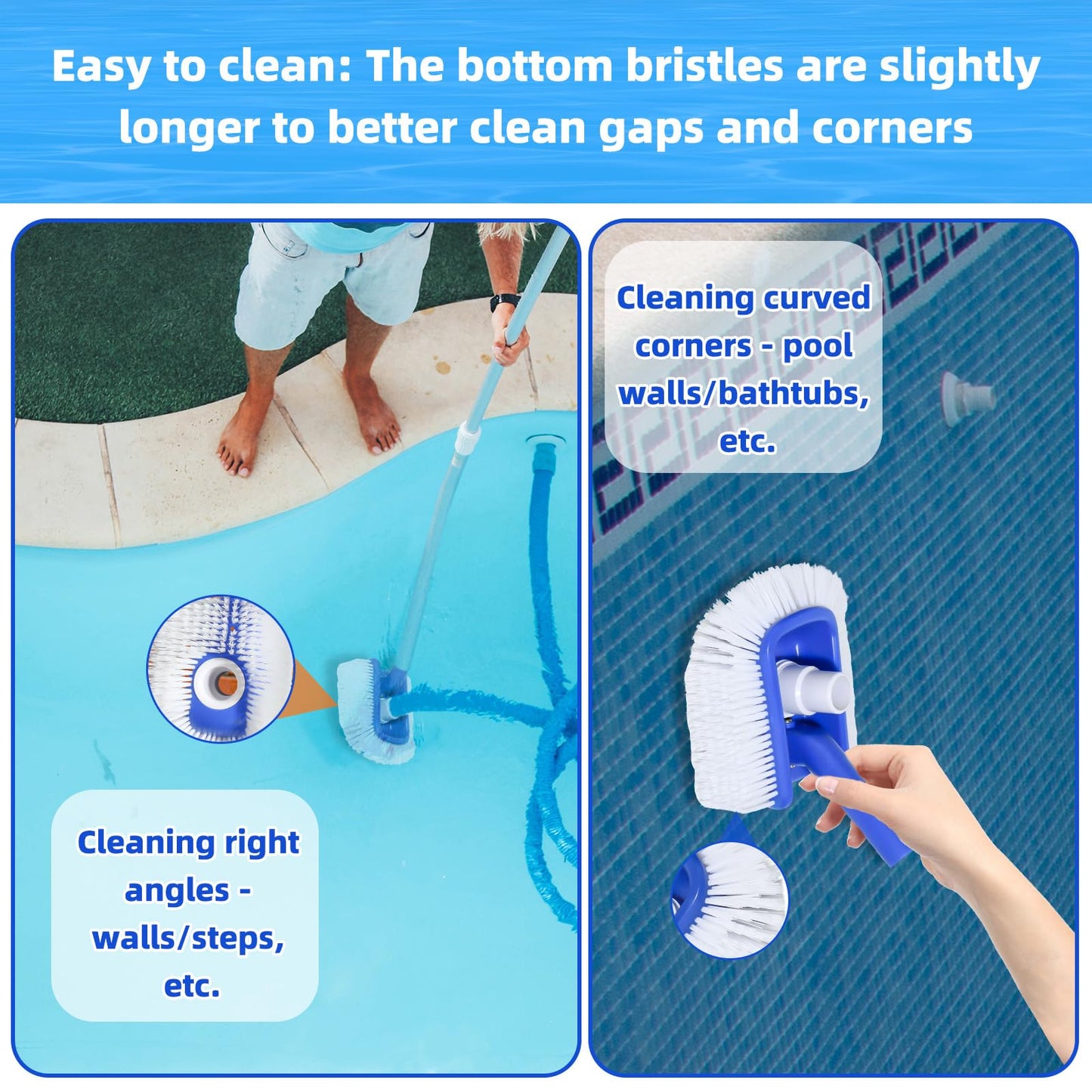 Pool Brush Head with Pool Vacuum Head for Inground & Above Ground Pools, Round Heavy Duty Scrubber Pool Broom Cleaning Nylon Brush with 1/4" or 1/2" Swivel Hose Connection, No Pole