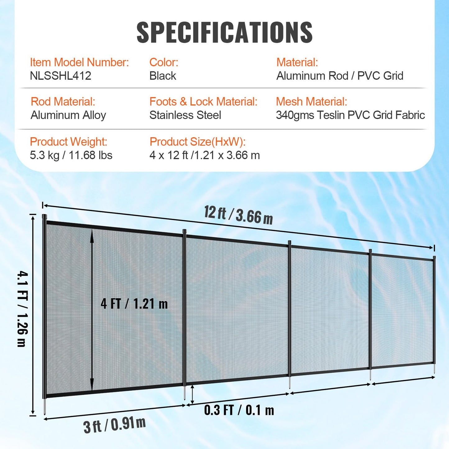 VEVOR Pool Fence, 4 x 12 FT Pool Fences for Inground Pools, Removable Pool Fencing, Easy DIY Installation Swimming Pool Fence, 340gms Teslin PVC Pool Fence Mesh Protects Kids and Pets