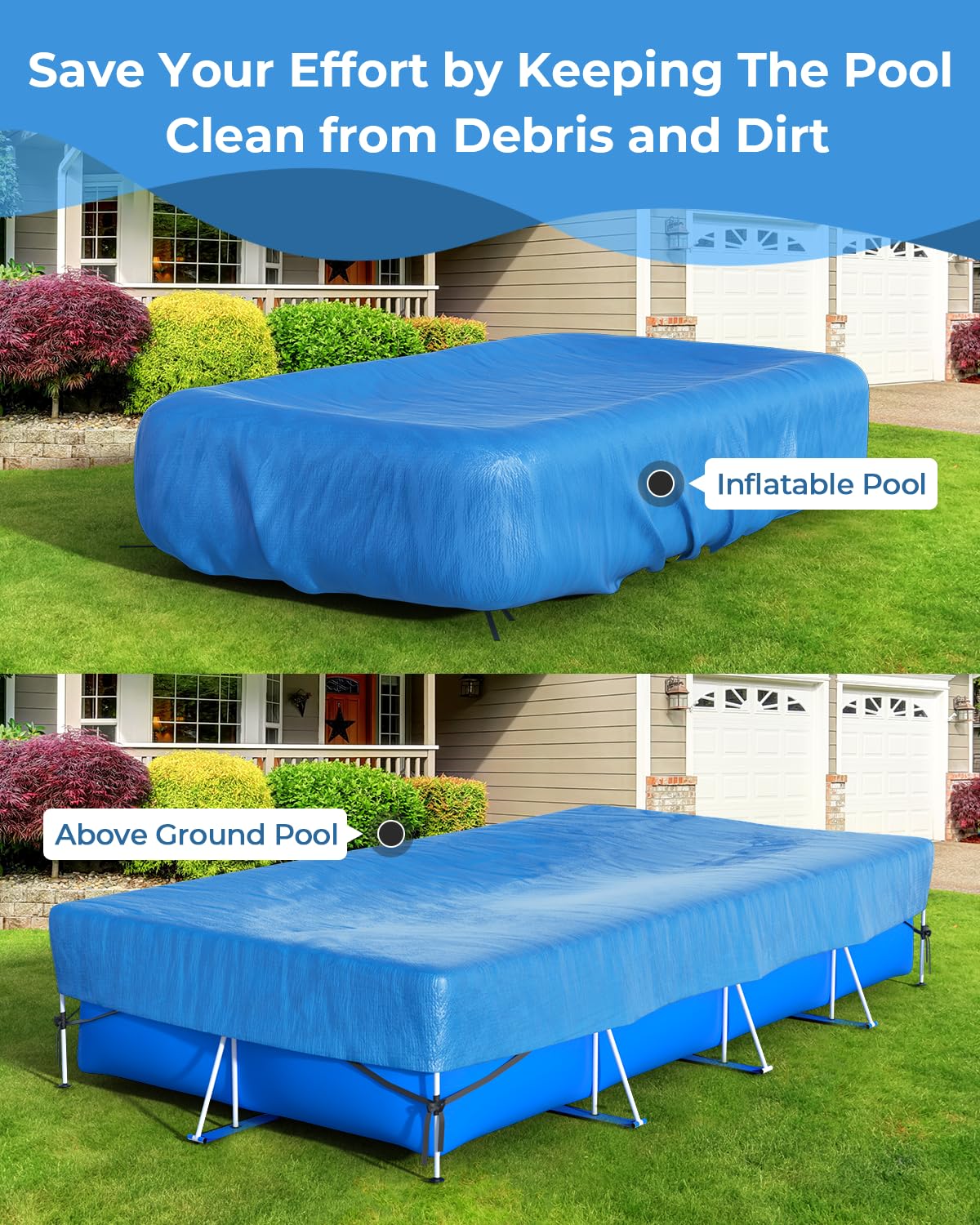 Inflatable Pool Cover Rectangle for 120” x 72”, 130” x 72”, 145" x 74" Pool, Secure Elastic Edge & Drawstrings 10' x 7' Rectangular Pool Covers for Above Ground Pools