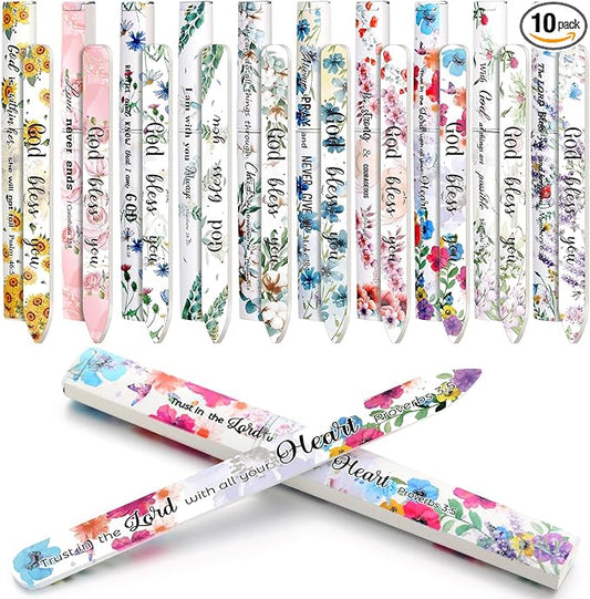 10 Pack Christian Crystal Glass Nail File for Natural Nails Christian Gifts for Women Bulk Bible Verse Scripture Glass File with Case Double Sided Floral Scripture Emery Board Religious Gift