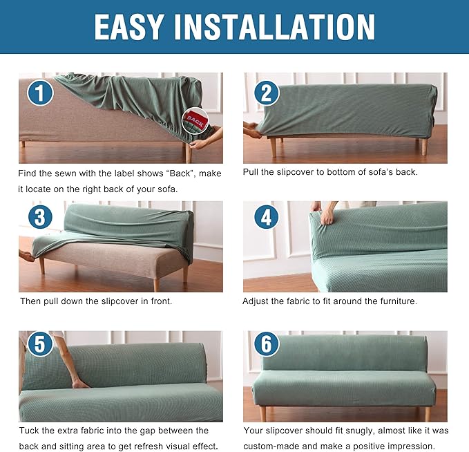 H.VERSAILTEX Armless Futon Cover Stretch Sofa Bed Slipcover Protector Elastic Feature Rich Textured High Spandex Small Checks Jacquard Fabric Futon Cover, Machine Washable, Sage