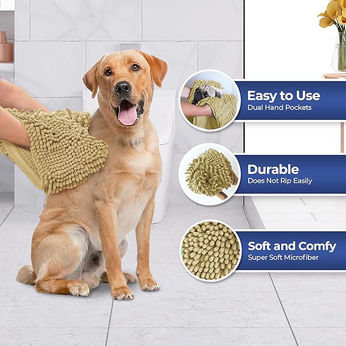 Muddy Mat® Doggy Dryer, Highly Absorbent Microfiber Washable Dog Shammy, Quick Drying Towel Absorber, Extra Soft Plush Wrap Chenille Bath Towels to Dry Soggy Large Pets & Small Puppy - Beige