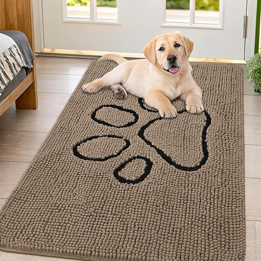 Smiry Dog Door Mat for Muddy Paws, Absorbent Dirt Trapper Non Slip Quick Dry Washable Chenille Mat for Mud Dogs, Entry Rug for Indoor and Outdoor (47x32 Inches, Camel and Black)