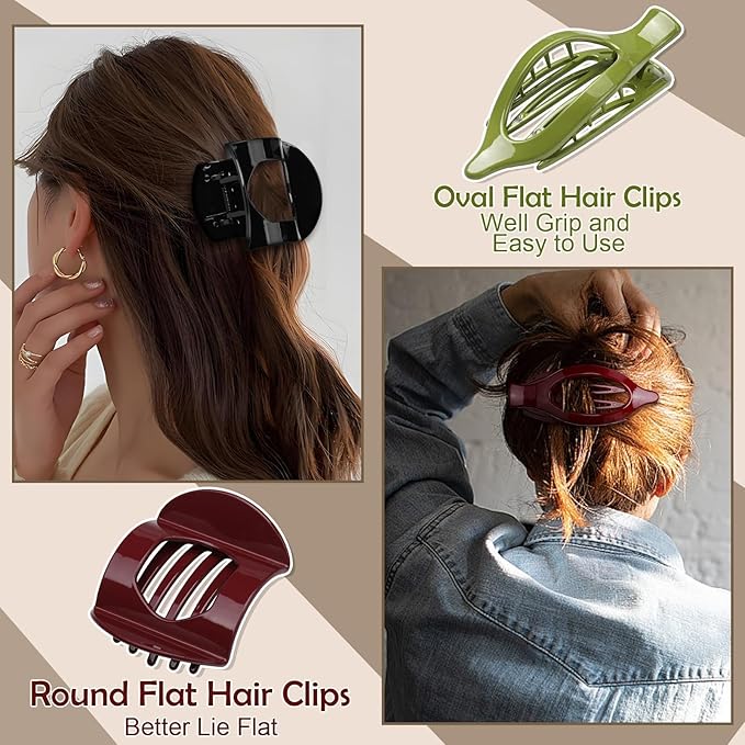 8 Pcs Christmas Flat Hair Clips for Women, 2 Styles French Flat Claw Clips Large Strong Hold Lay Down Claw Clips for Thick Thin Hair(Red Green)
