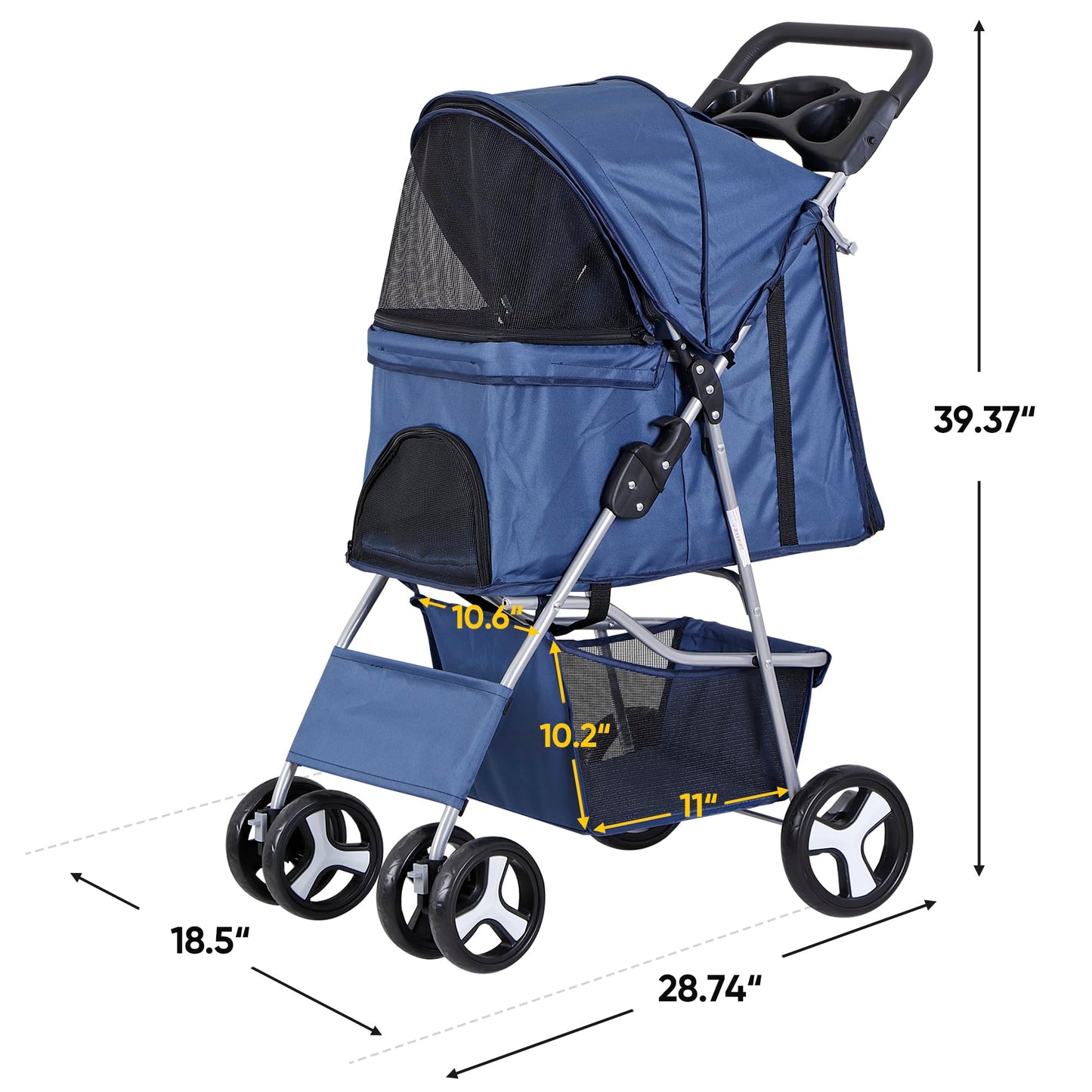 ZENY Foldable Pet Stroller, Cat/Dog Stroller with 4 Wheel, Pet Travel Carrier Strolling Cart with Storage Basket, Cup Holder (Navy Blue)