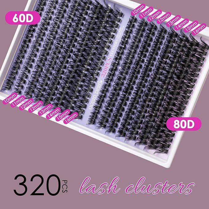 Ocean Pearl Lash Clusters 320pcs 3D Thick Lash Clusters kit 60D+80D Lashes,Eyelashes,Lash Extension Kit,Eyelash Clusters with lash adhesive+sealer+remover+tweezers,Lashes Clusters Eyelash Extensions