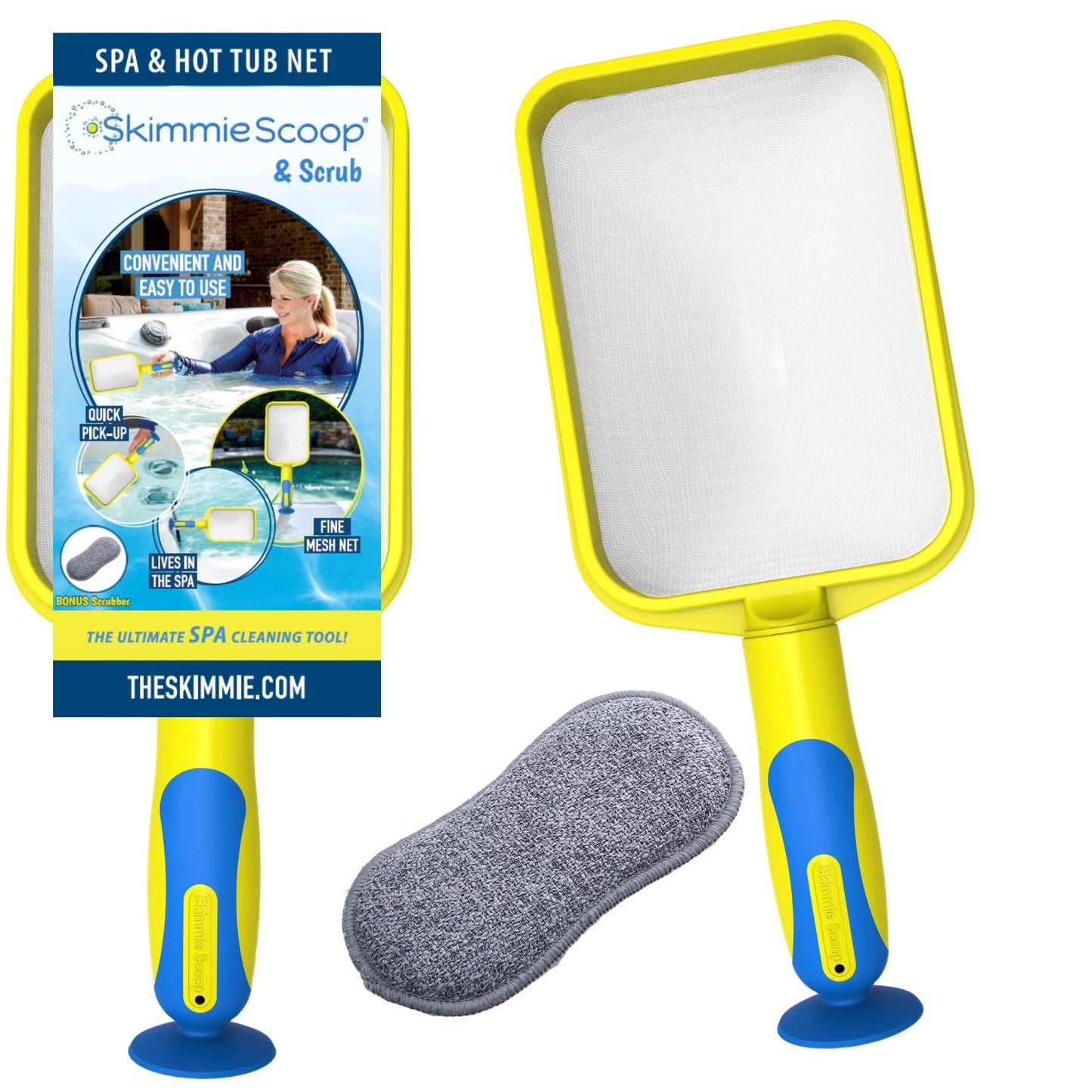 The Skimmie Scoop - Patented Handheld Skimmer with Fine Mesh Net for Spa, Hot Tub, Cold Plunge and Small Pool Cleaning - Lightweight and Durable with Powerful Suction Cup - Clean Out Filter (Yellow)