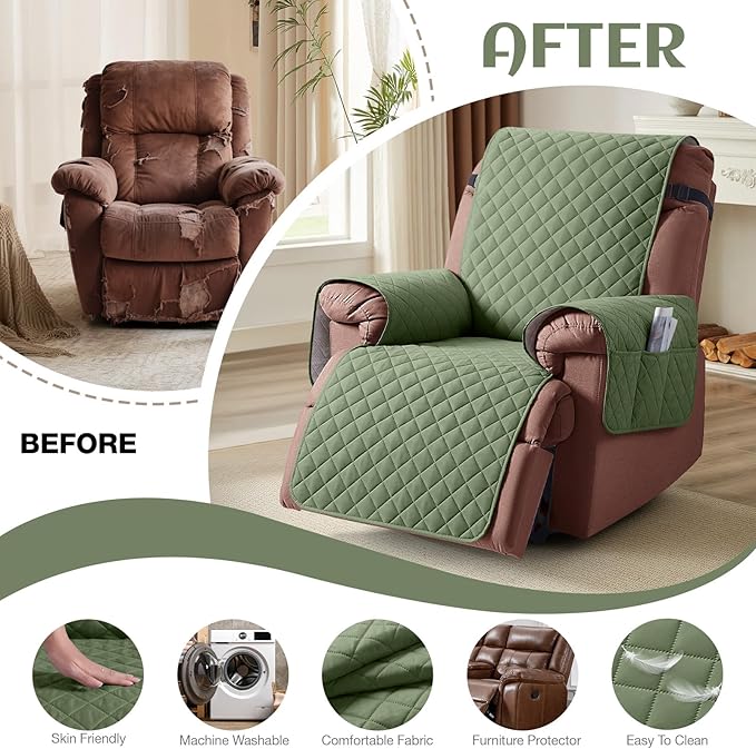 KinCam 100% Waterproof Recliner Chair Cover, Reclining Couch Covers for Pets, Dogs, Recliner Couch Slipcover Furniture Protector with Elastic Straps for Kids(30", Cactus Green)
