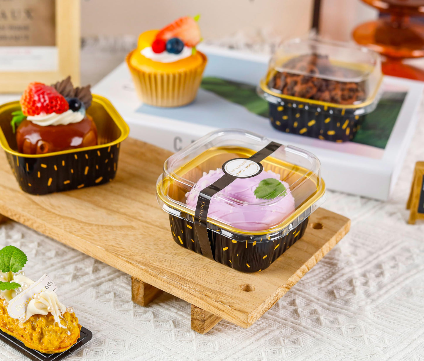 NPLUX 50 Pack Mini Cake Pans with Lids and Spoons Aluminum Foil Pans Square Cake Tins for Bakery Party Wedding (Black Gold Spot,5 oz)