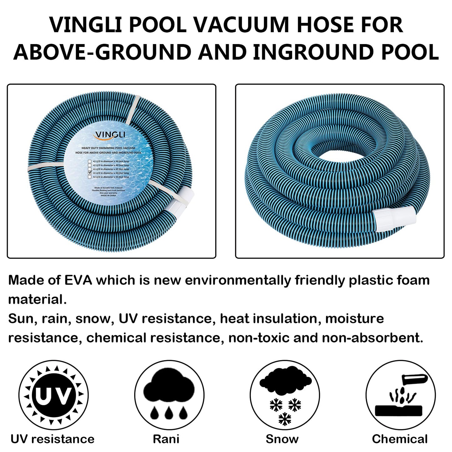 VINGLI 1-1/2-Inch by 50-Feet Blue Swimming Pool Vacuum Hose for Inground and Above-Ground Pools