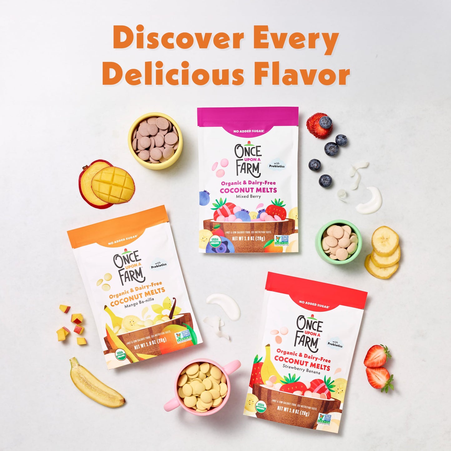 Once Upon A Farm Organic Coconut Melts with Probiotics, Mango Ba-nilla, Dairy Free, Non GMO, Kosher, 1 Ounces (Pack of 8)