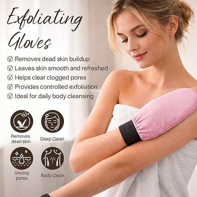 Exfoliating Gloves, Exfoliating Body Scrubber for Bath Shower Exfoliation, Body Scrub Exfoliator Loofah Sponge for Dead Skin Remover Pink+Rose