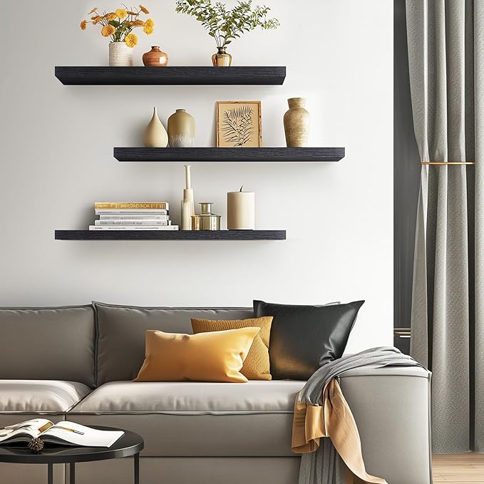 BAYKA Floating Shelves for Wall, Set of 3, 36 Inches Long Black Wall Mounted Rustic Wood Shelves for Bathroom, Bedroom, Living Room or Kitchen, for Book/Storage/Decor with 30lbs Capacity