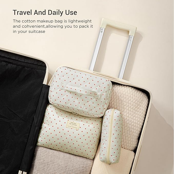 HBselect Quilted Makeup Bag, 3PCS Cotton Large Travel Makeup Bag, Cute Floral Coquette Make up Bag Cosmetic Bag Toiletry Bag for Women Girls